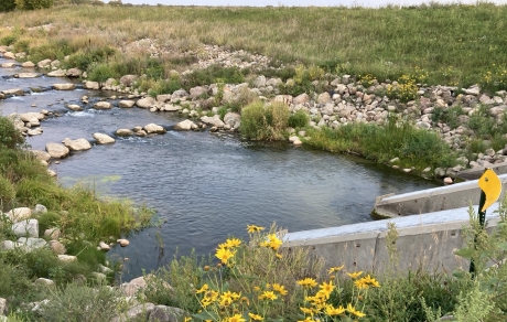 Lines of large rocks placed in a river reflecting blue sky